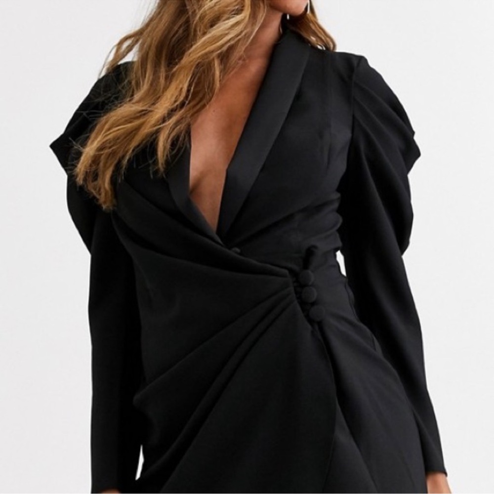 NWOT ASOS Drape Front Black Tuxedo Mini Dress Puff Sleeve Women’s Size 12 - Picture 5 of 13